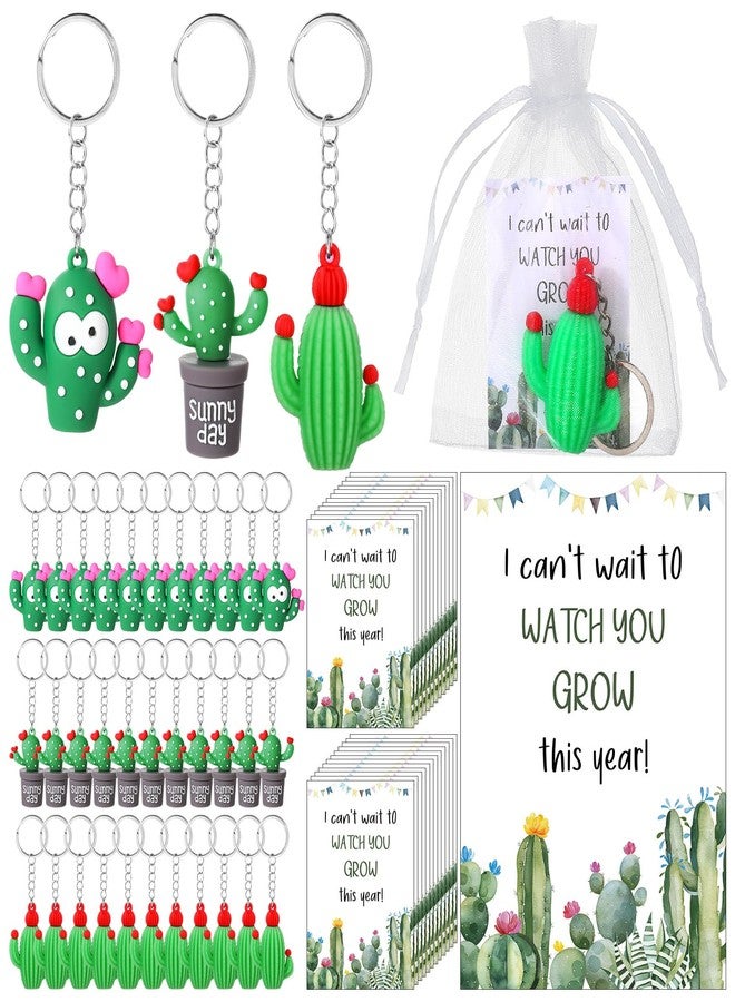 Tondiamo 48 Set First Day of School Year Party Favor Cute Cactus Keychains Motivational Keychains with Inspirational Cards and Organza Bag for Back to School Gifts for Student Cactus Party Favors - Image 1