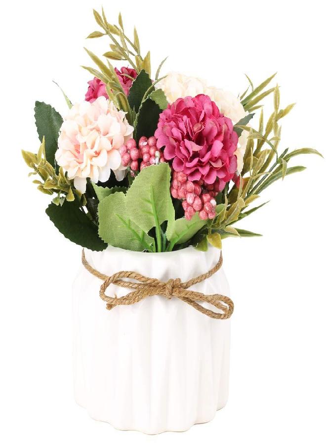 SUPNIU SUPNIU Artificial Hydrangea Bouquet with Small Ceramic Vase Fake Silk Variety Flower Balls Flowers Decoration for Table Home Party Office Wedding (White) - Image 1