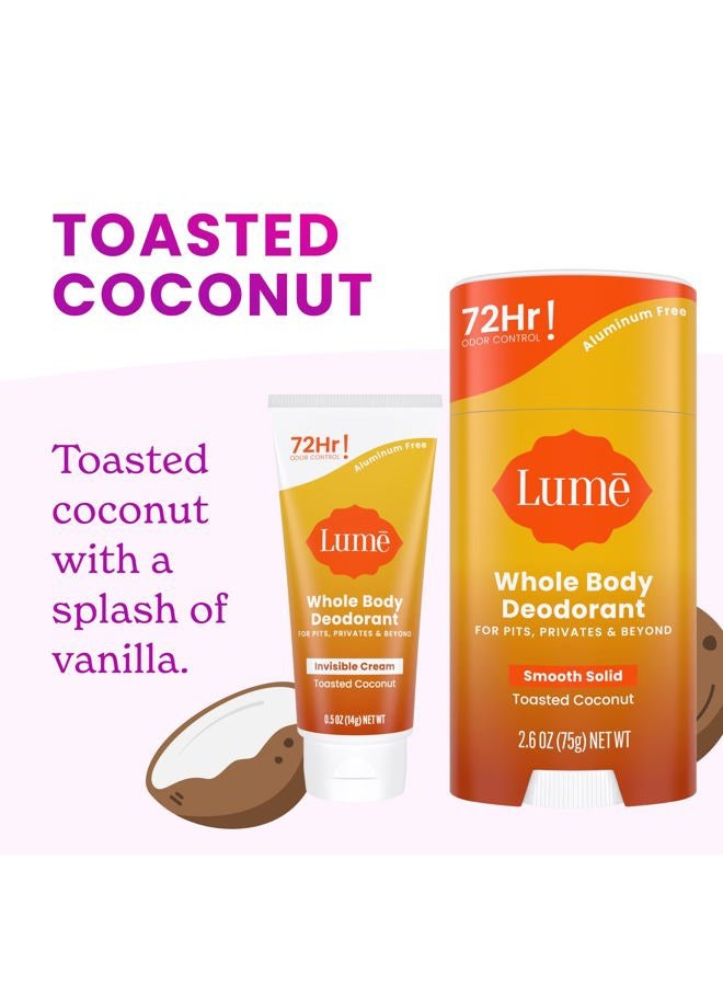 Lume Whole Body Deodorant - Invisible Cream Tube Mini and Solid Stick Bundle - 72 Hour Odor Control - Aluminum & Baking Soda Free, Skin Loving (Toasted Coconut) - Image 3