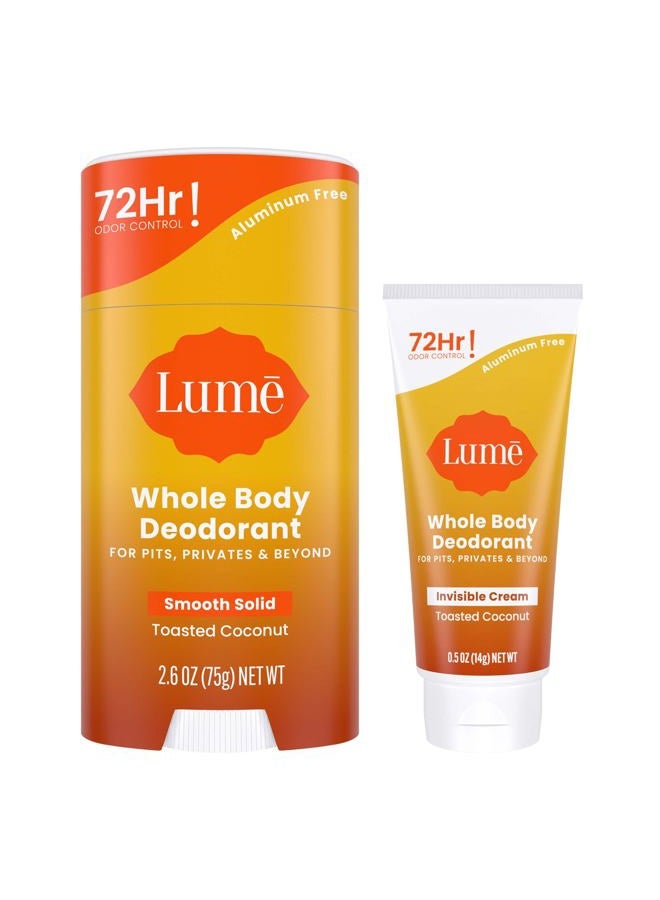 Lume Whole Body Deodorant - Invisible Cream Tube Mini and Solid Stick Bundle - 72 Hour Odor Control - Aluminum & Baking Soda Free, Skin Loving (Toasted Coconut) - Image 1