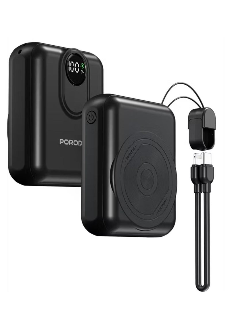porodo 10000mAh MagSafe Power Bank with Detachable USB-C to Lightning Cable, 22.5W Power Delivery, Digital Battery Indicator, 15W Maximum Wireless Output - Black - Image 1
