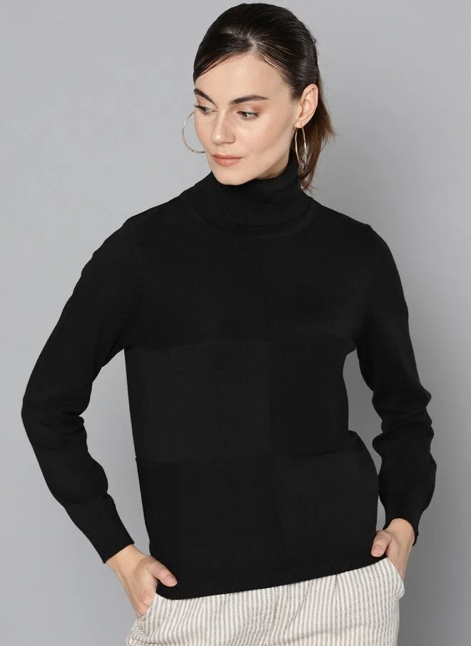 Black Solid Turtle Neck Sweater for Women