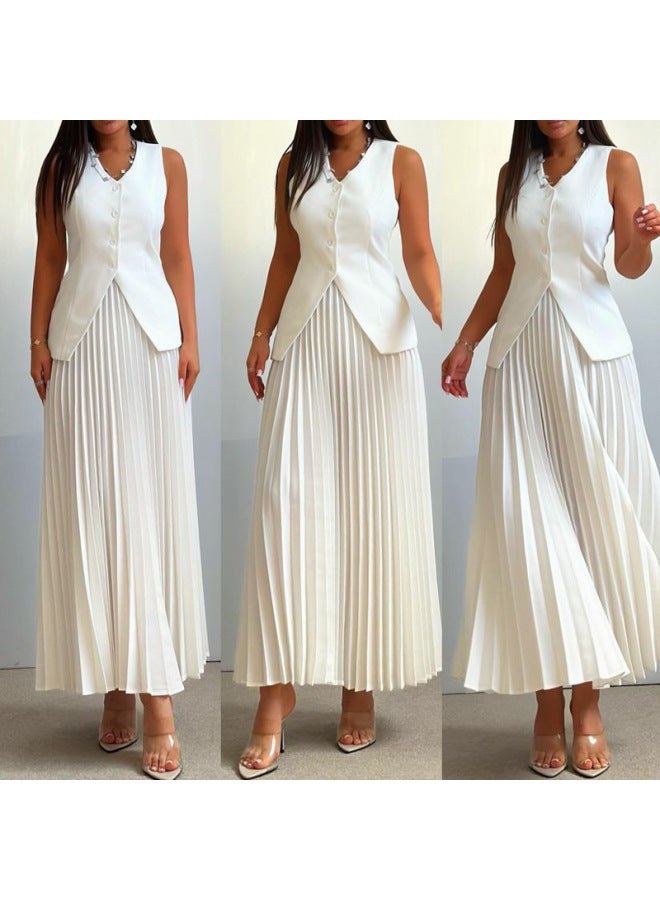 2024 European And American Suit Women's Vest Pleated Half-length Dress Summer Solid Color High-end Elegant Women's Two-piece Set 
