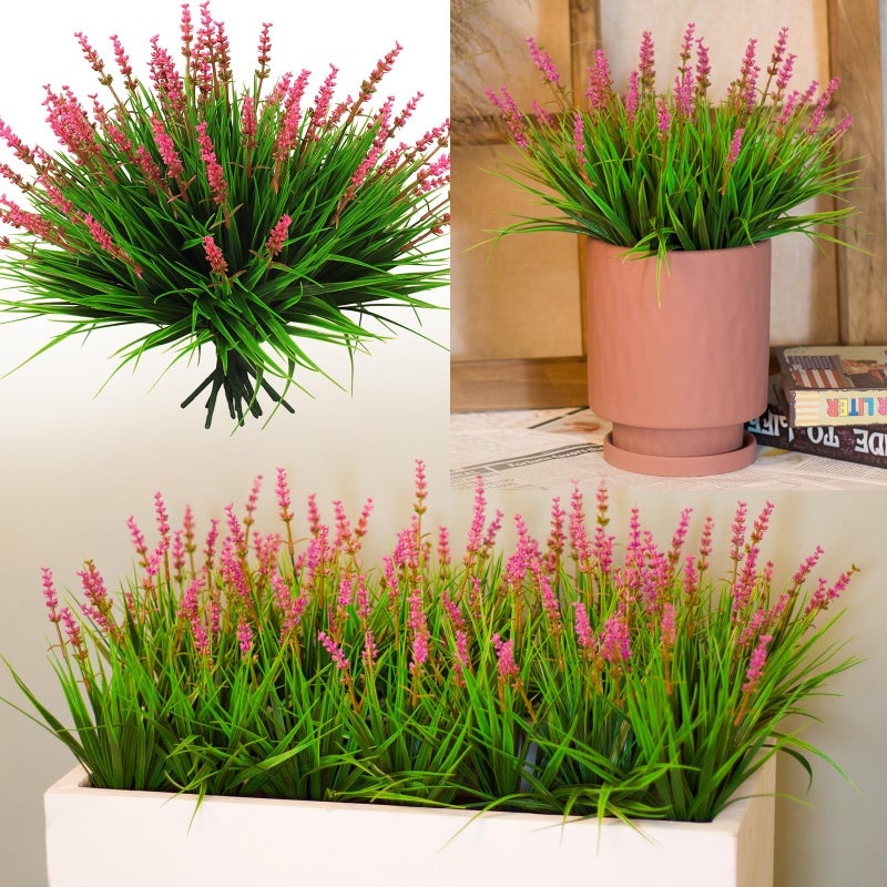 alyptus 12 Bundles Artificial Plants Outdoor Fake Monkey Grass with Flowers for Pot Garden Verandah Decor (Pink Flowers) - Image 1