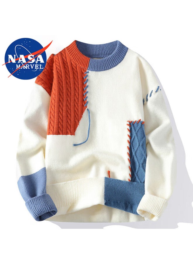 Nasa Marvel Knitted Sweater, Autumn And Winter Fleece-lined Casual Round Neck Trendy Sweater, Warm Thick Knitted Pullover, Black Fleece-lined, Size L