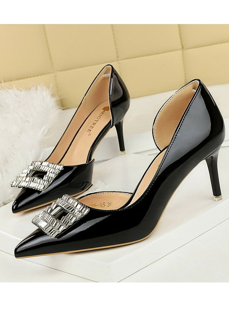 BIGTREE Women's Closed Pointed Toe Stiletto Pump Rhinestone Square Buckle Decoration High Heels Black 7 CM 
