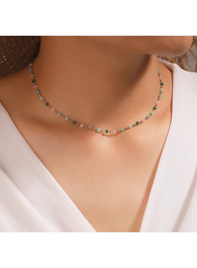 Jumwrit Bohemian Beaded Choker Necklaces Dainty Green Cubic Crystal Necklaces Boho Summer Beach Jewelry Prom Party Festival Necklaces Gift For Women - Image 2