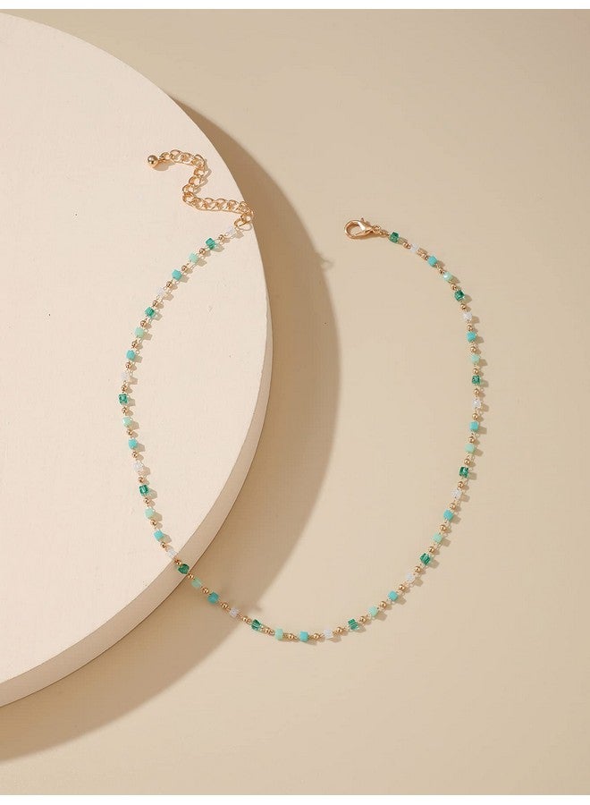 Jumwrit Bohemian Beaded Choker Necklaces Dainty Green Cubic Crystal Necklaces Boho Summer Beach Jewelry Prom Party Festival Necklaces Gift For Women - Image 3