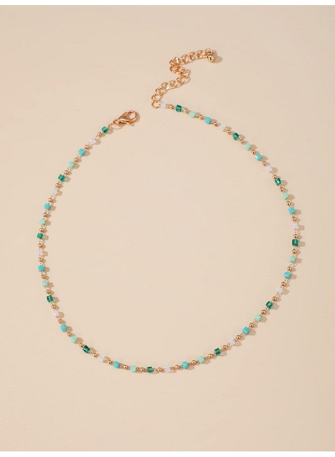 Jumwrit Bohemian Beaded Choker Necklaces Dainty Green Cubic Crystal Necklaces Boho Summer Beach Jewelry Prom Party Festival Necklaces Gift For Women - Image 4