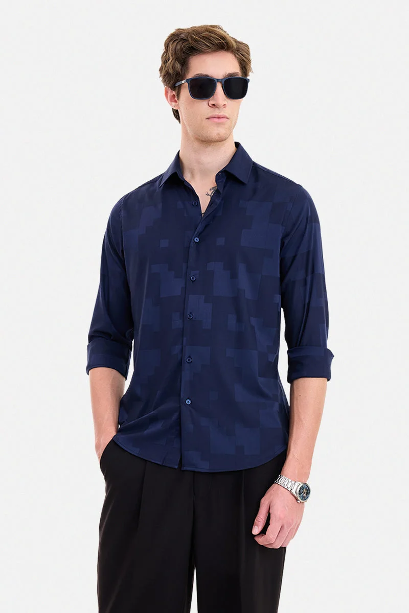 SNITCH Navy Blue Textured Long Sleeve Slim Fit Formal Luxe Shirt