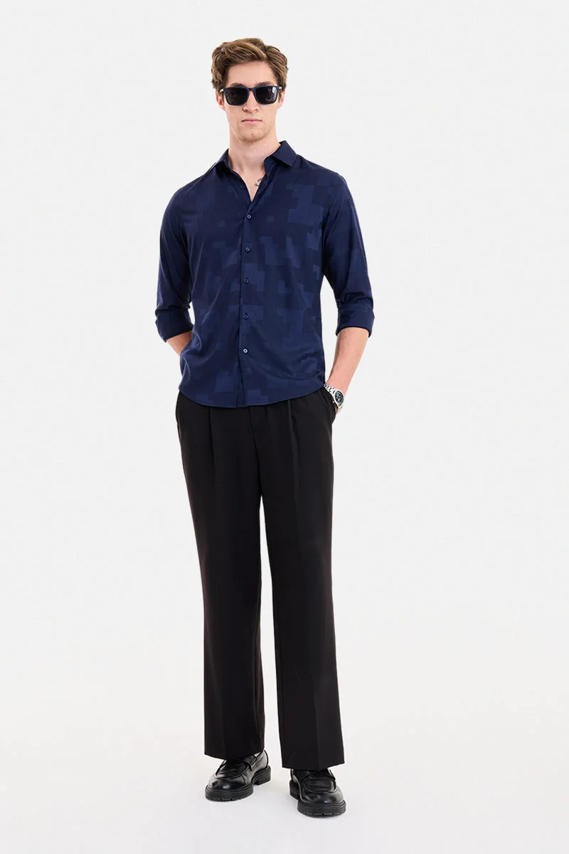 SNITCH Navy Blue Textured Long Sleeve Slim Fit Formal Luxe Shirt