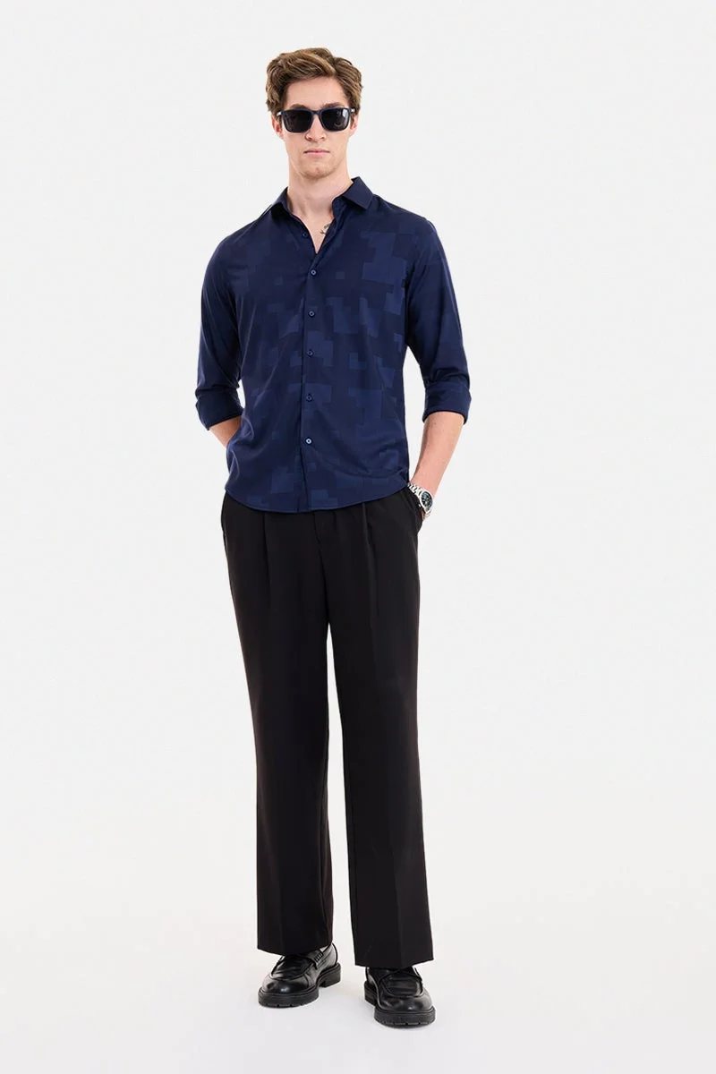 سنيتش Navy Blue Textured Long Sleeve Slim Fit Formal Luxe Shirt