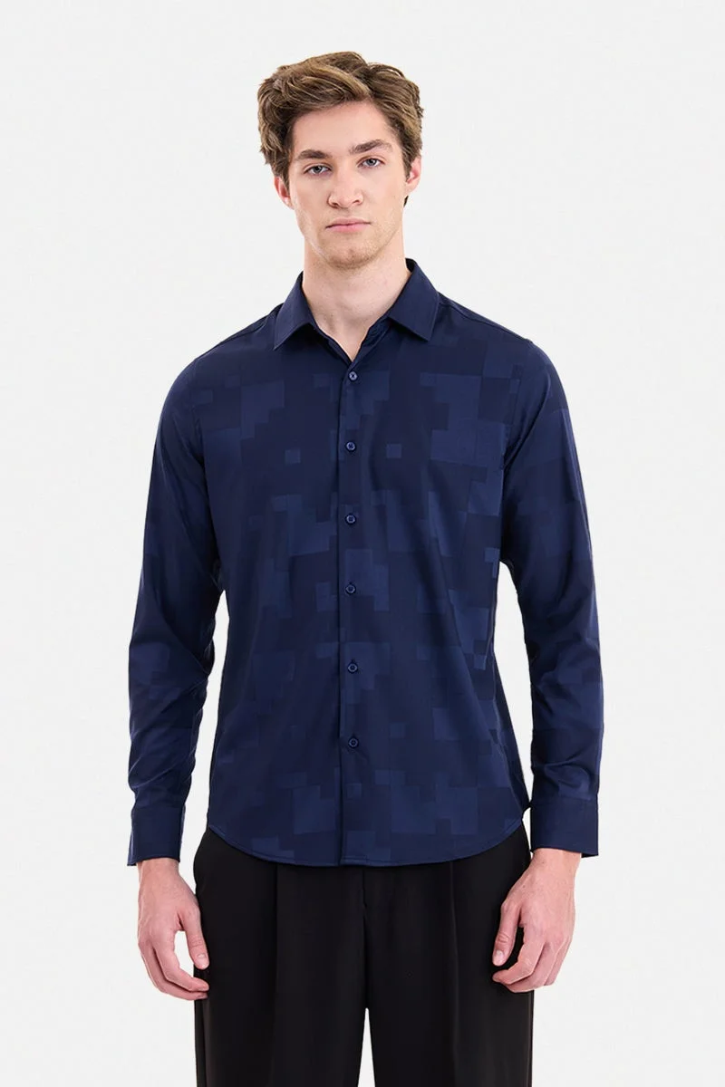 سنيتش Navy Blue Textured Long Sleeve Slim Fit Formal Luxe Shirt