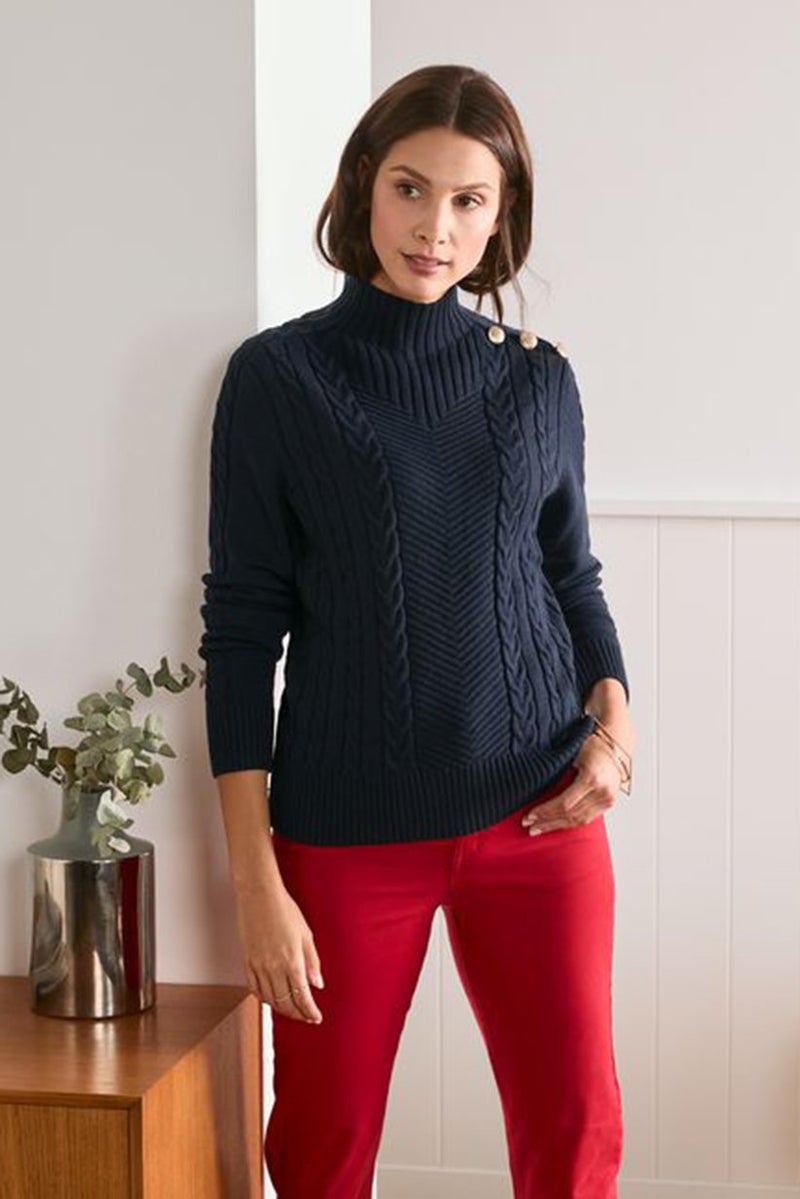 Tchibo Women Mock Neckline Long Sleeve Knitted Sweater, Navy - Image 1