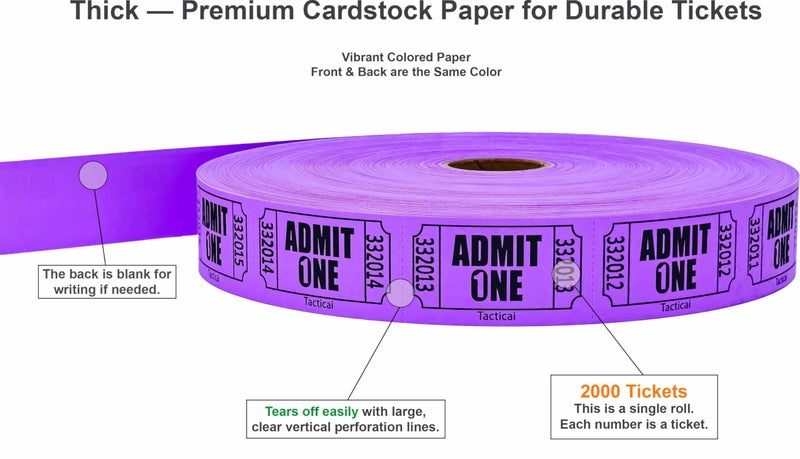 Tacticai 2000 Raffle Tickets, Admit One, Single Roll, Ticket for Events, Entry, Class Reward, Fundraiser & Prizes - Purple (1 of 8 Colors) - Image 2
