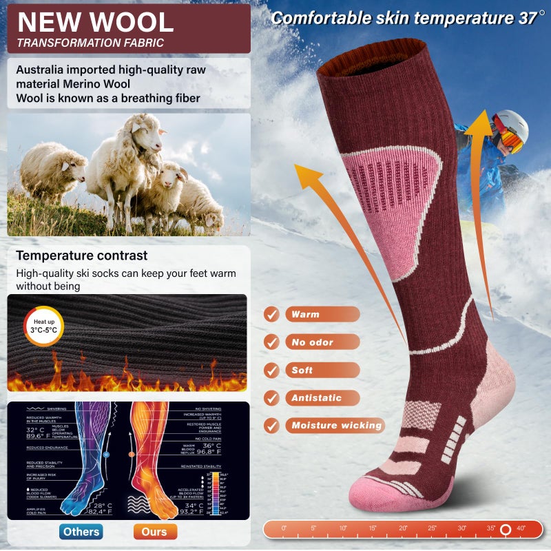 unenow Merino Wool Ski Socks 2 Pairs, Thermal Knee High Warm Socks for Snowboarding, Hiking, Cold Weather, Snow, Hunting - Image 3