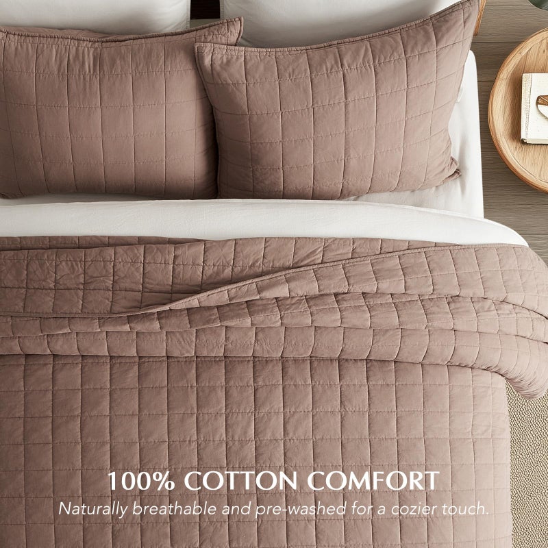 EVERGRACEHOME 100% Cotton Box Stitch Quilt Bedding Set King Size 3 Pieces, Garment-Washed Lightweight Soft Cozy Coverlet, Oversized Quilted Bedspread Sets with 2 Shams for All Season, Clay - Image 2