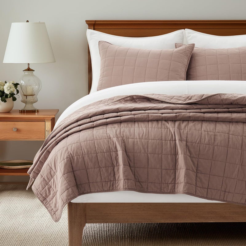 EVERGRACEHOME 100% Cotton Box Stitch Quilt Bedding Set King Size 3 Pieces, Garment-Washed Lightweight Soft Cozy Coverlet, Oversized Quilted Bedspread Sets with 2 Shams for All Season, Clay - Image 1
