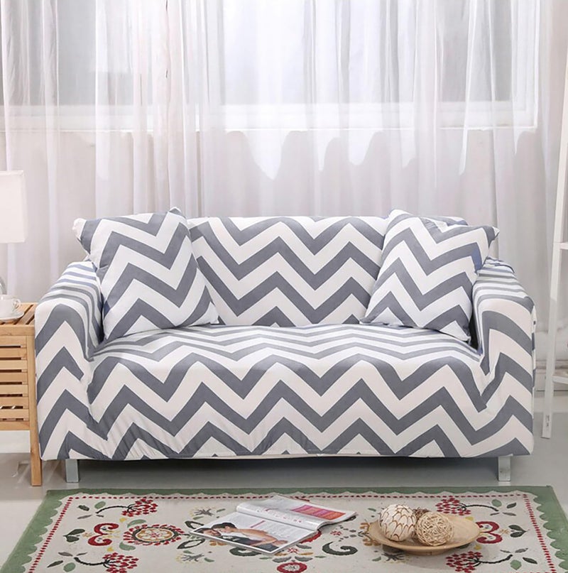 House of Quirk Polyester Spandex Printed Sofa Cover Big Elasticity Cover Stretch Universal Sofa Slipcovers (Grey Zigzag, Double Seater) - Image 2