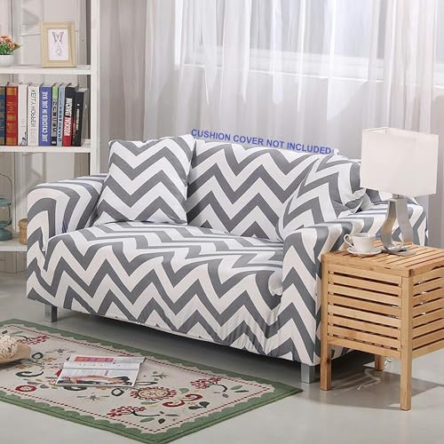 House of Quirk Polyester Spandex Printed Sofa Cover Big Elasticity Cover Stretch Universal Sofa Slipcovers (Grey Zigzag, Double Seater) - Image 1