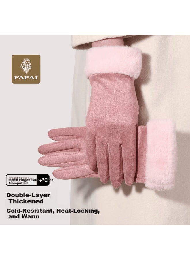 Fapai Women's Autumn Winter Windproof Fleece Lined Touchscreen Gloves Anti-slip For Electric Bike Riding Pink Three-stripe Style - Image 1
