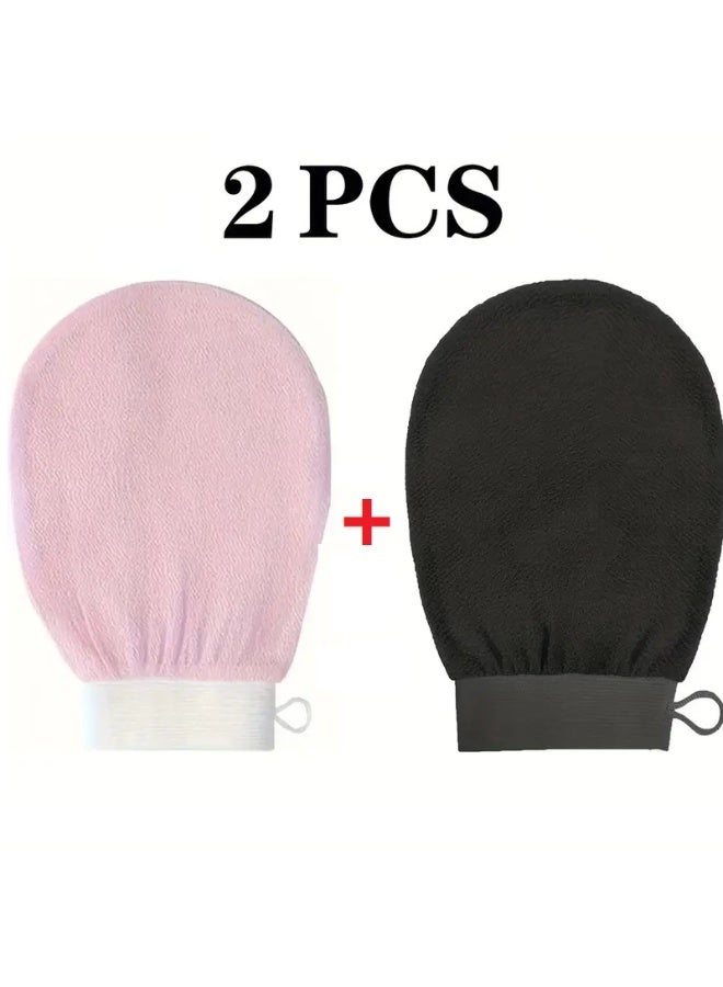 ALMASI 2 PCS Exfoliating Scrub Mitts Deep Body Peeling Glove Set - Black & Light Pink Dry Skin Remover for Shower - Image 1