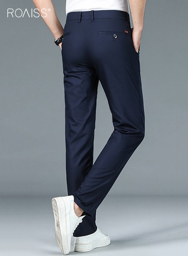 رويس بنطلون رجالي كاجوال ضيق مطاطي، مريح في جميع المواسم للارتداء في المكتب والمناسبات المهنية، تصميم كلاسيكي بلون واحد للرجال - Image 5