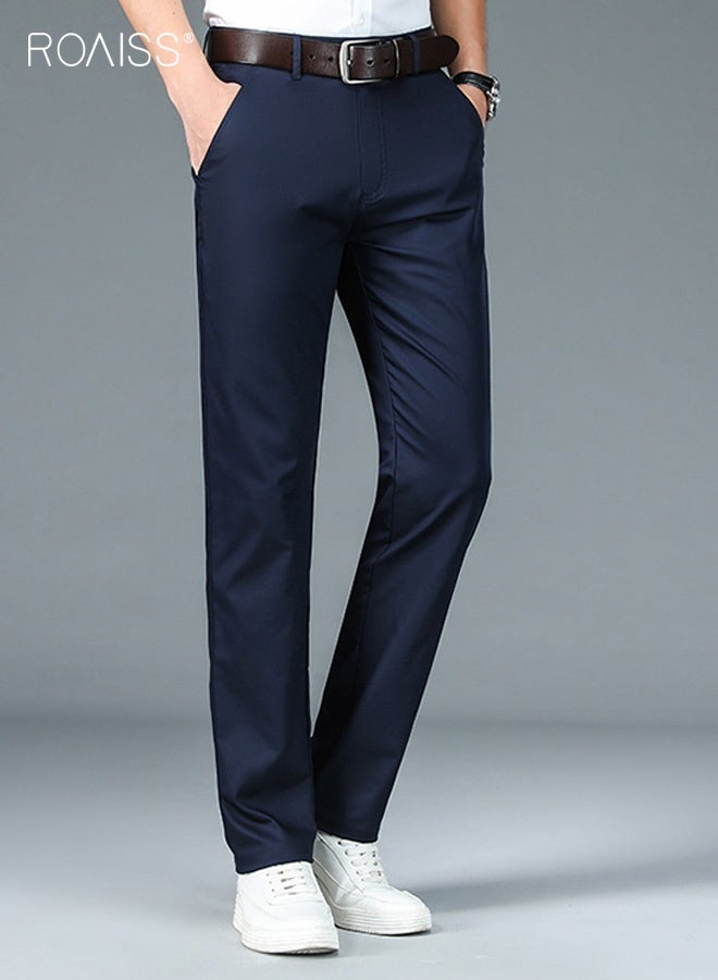 رويس بنطلون رجالي كاجوال ضيق مطاطي، مريح في جميع المواسم للارتداء في المكتب والمناسبات المهنية، تصميم كلاسيكي بلون واحد للرجال - Image 3