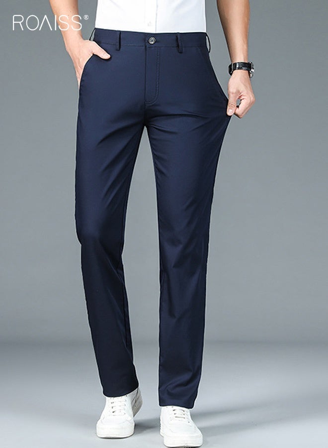 رويس بنطلون رجالي كاجوال ضيق مطاطي، مريح في جميع المواسم للارتداء في المكتب والمناسبات المهنية، تصميم كلاسيكي بلون واحد للرجال - Image 4