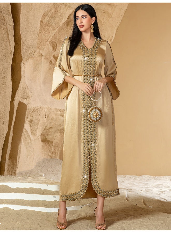 Madam Uniq Champagne Color Patchwork Lace Hand-Beaded Evening Gown - Image 1