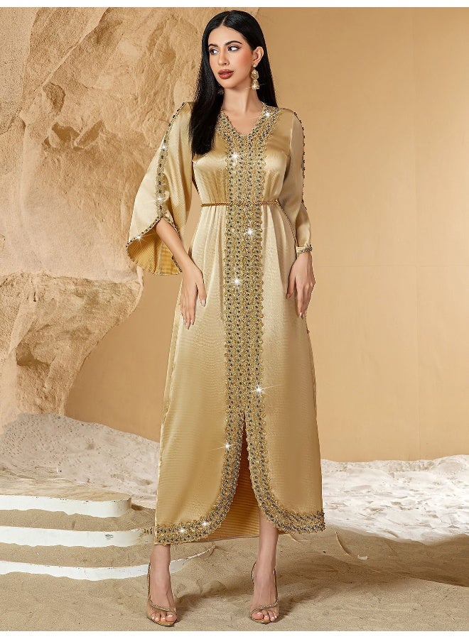 Madam Uniq Champagne Color Patchwork Lace Hand-Beaded Evening Gown - Image 3