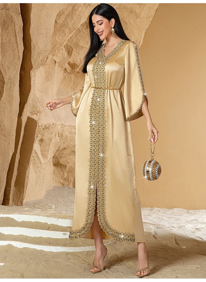 Madam Uniq Champagne Color Patchwork Lace Hand-Beaded Evening Gown - Image 4