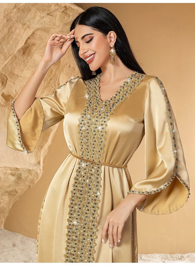 Madam Uniq Champagne Color Patchwork Lace Hand-Beaded Evening Gown - Image 5