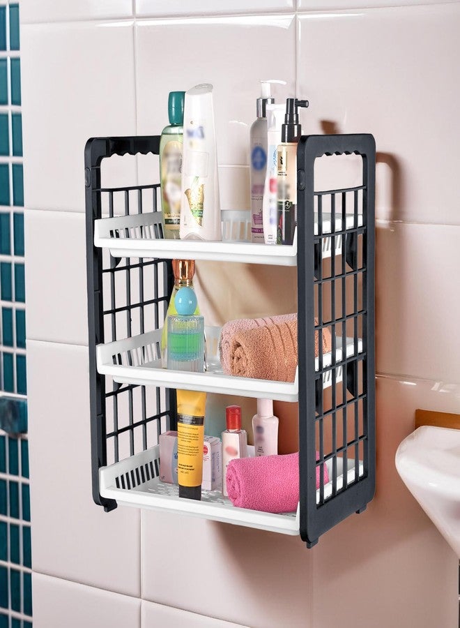 Kuber Industries 3-Tier Wall Mount Plastic Bathroom Stand | Stackable Bathroom Shelf | Vegetable Rack for Kitchen| Onion and Potato Basket | Kitchen Vegetable Storage Rack | White & Grey - Image 1