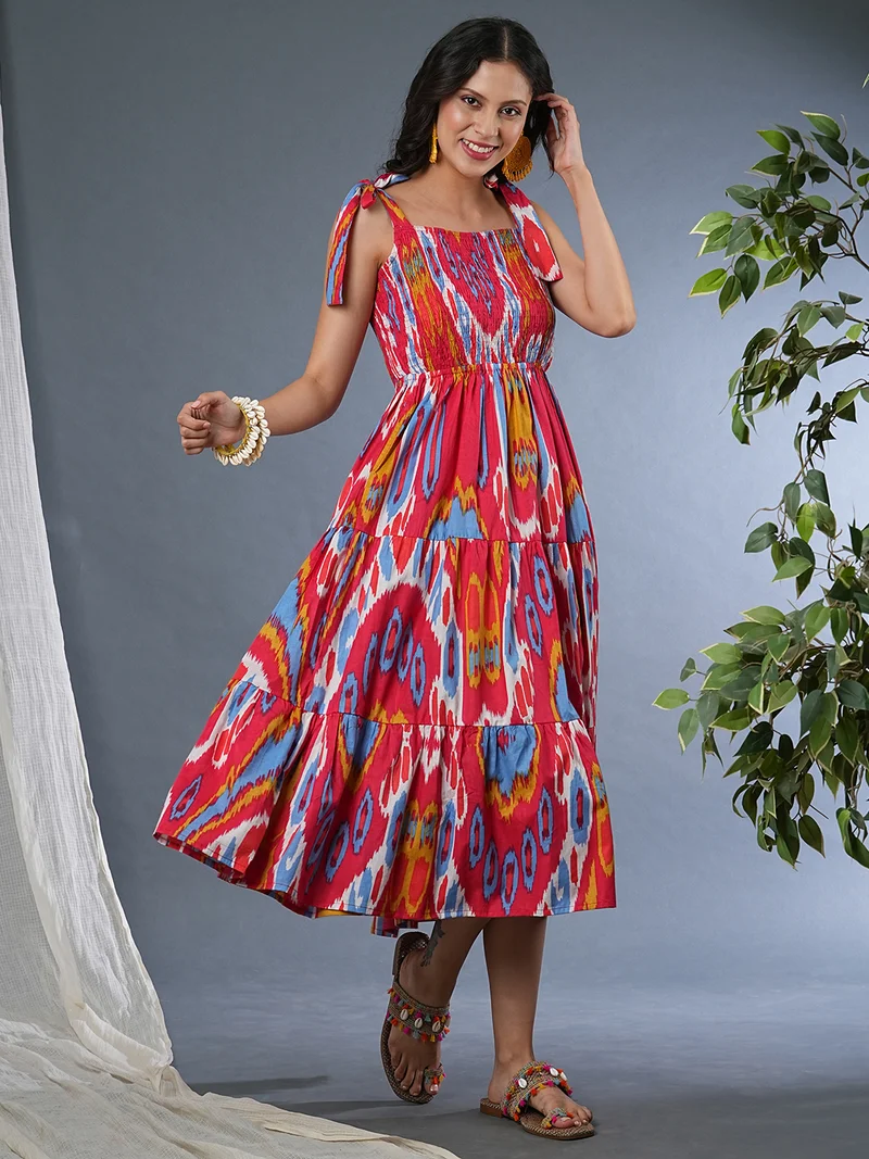 globus Women Bohemian Printed Square Neck Cotton Smocked Tiered Fit And Flare Midi Dress