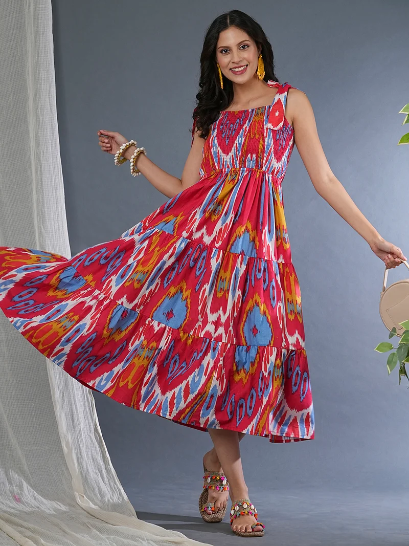 globus Women Bohemian Printed Square Neck Cotton Smocked Tiered Fit And Flare Midi Dress