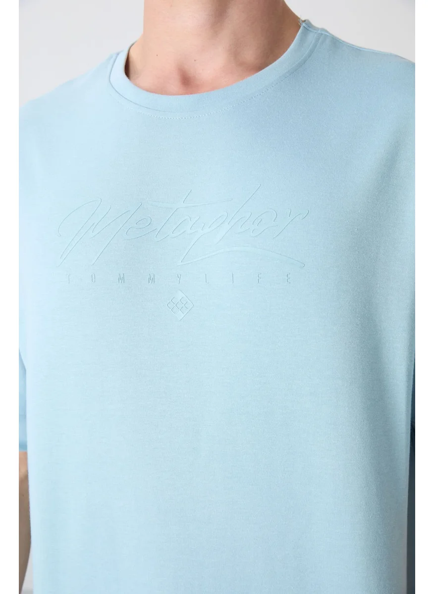 Tommy Life Light Blue Cotton Thick Soft Texture Oversize Fit Printed Men's T-Shirt - 88320