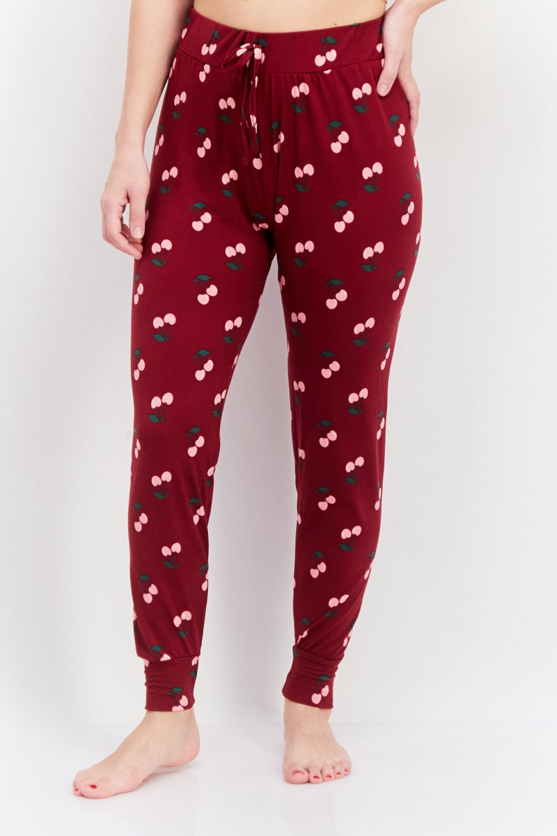 French Affair Women Allover Print Drawstring Pyjama, Maroon - Image 1