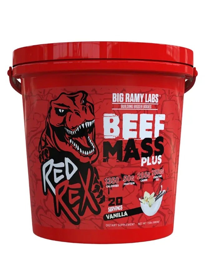 ريد ريكس بيف ماس بلس، بنكهة الفانيليا، 15 رطلاً - 1340 سعرة حرارية، 50 غرام من بروتين اللحم البقري المتحلل، يدعم نمو العضلات والأداء