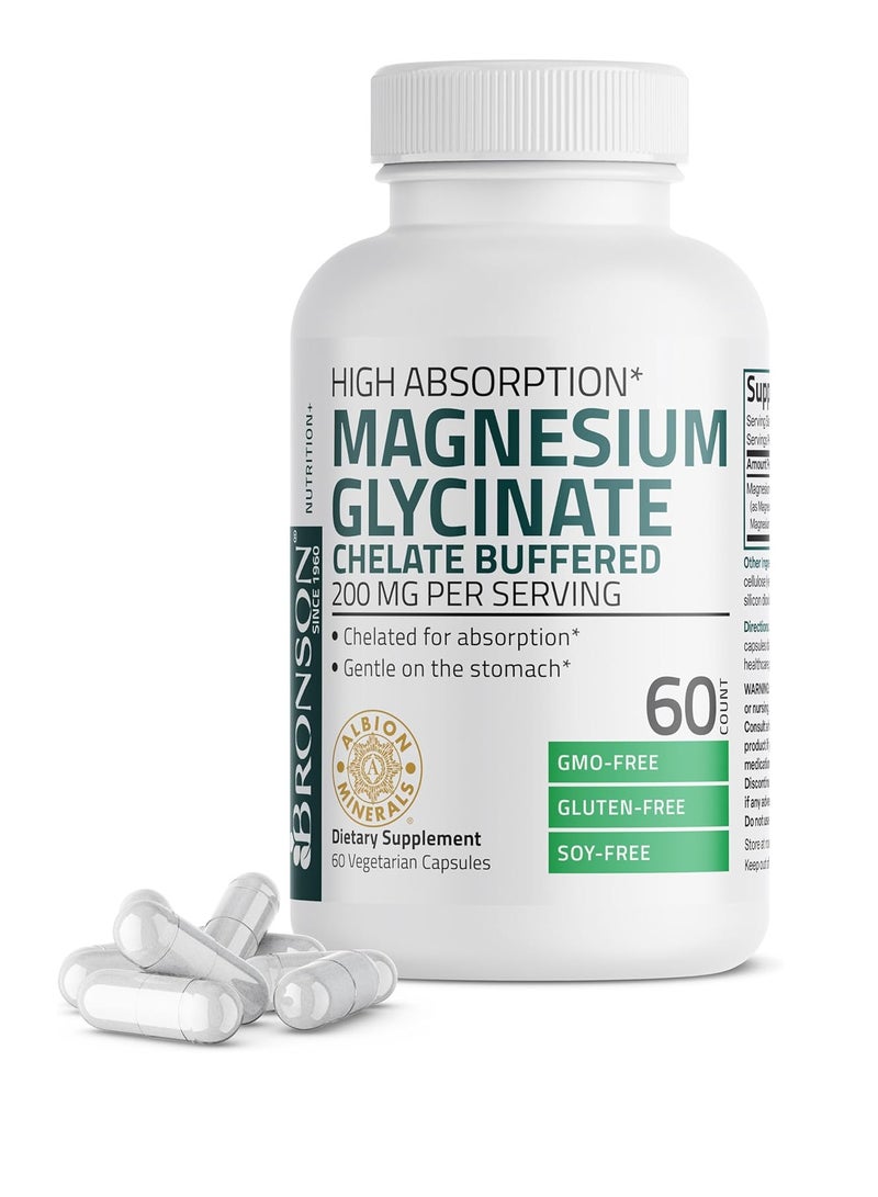 برونسون غليسينات المغنيسيوم 200 ملجم لكل جرعة، مخلبي لامتصاص عالي، لطيف على المعدة، غير معدل وراثيًا، 60 كبسولة نباتية - Image 1