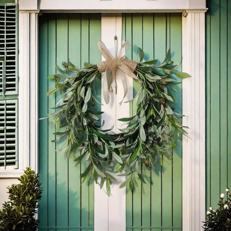 Rotroyce 22" Heart Shaped Artificial Olive Leaf & Fruit Wreath - Realistic Green Olive Branches with Spring Floral Accents, Farmhouse Wall Door Wedding Arch Window Hanging for Indoor Outdoor Garden Decor (1) - Image 2