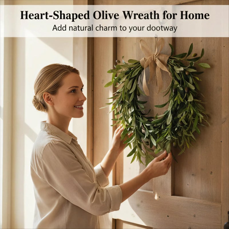 Rotroyce 22" Heart Shaped Artificial Olive Leaf & Fruit Wreath - Realistic Green Olive Branches with Spring Floral Accents, Farmhouse Wall Door Wedding Arch Window Hanging for Indoor Outdoor Garden Decor (1) - Image 5