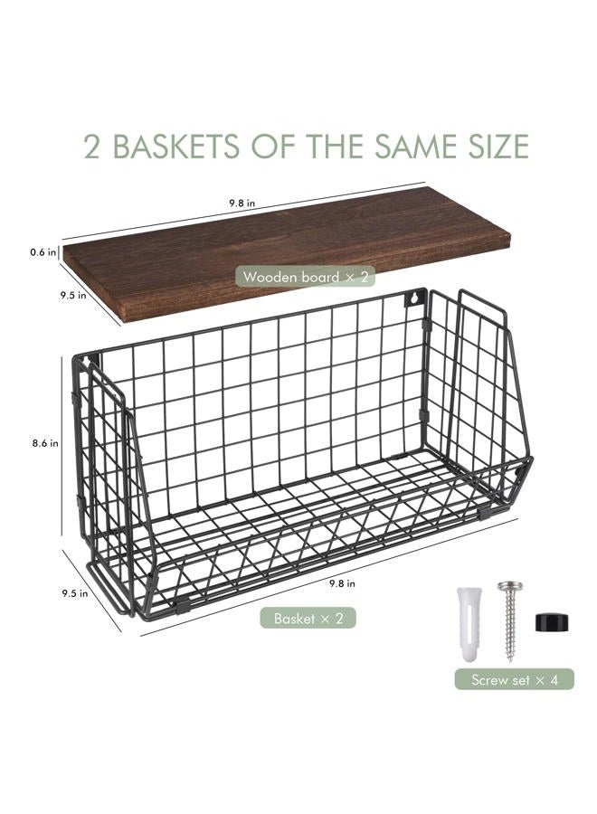 LIGHT DUST Wall Storage Hanging Baskets 2 PACK - Extra Large Wooden Top Wire Basket Organizers & S Hooks - Assemble Floating Shelf Racks for Pantry Kitchen Office Bathroom Garage Organization - Image 2