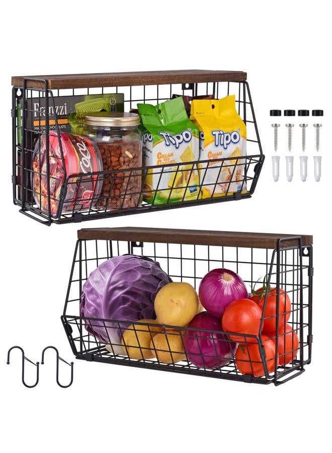 LIGHT DUST Wall Storage Hanging Baskets 2 PACK - Extra Large Wooden Top Wire Basket Organizers & S Hooks - Assemble Floating Shelf Racks for Pantry Kitchen Office Bathroom Garage Organization - Image 1