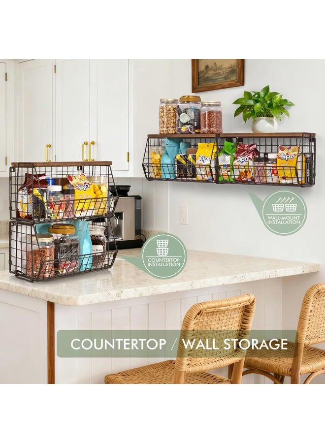 LIGHT DUST Wall Storage Hanging Baskets 2 PACK - Extra Large Wooden Top Wire Basket Organizers & S Hooks - Assemble Floating Shelf Racks for Pantry Kitchen Office Bathroom Garage Organization - Image 4
