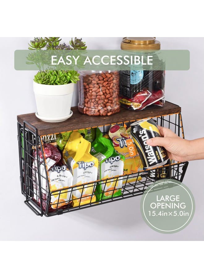 LIGHT DUST Wall Storage Hanging Baskets 2 PACK - Extra Large Wooden Top Wire Basket Organizers & S Hooks - Assemble Floating Shelf Racks for Pantry Kitchen Office Bathroom Garage Organization - Image 3