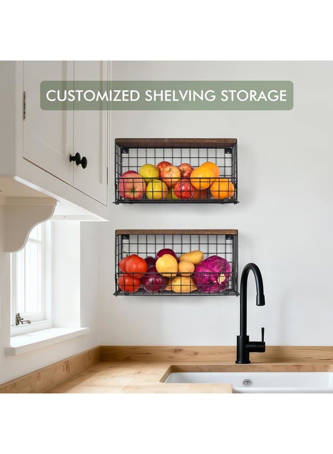 LIGHT DUST Wall Storage Hanging Baskets 2 PACK - Extra Large Wooden Top Wire Basket Organizers & S Hooks - Assemble Floating Shelf Racks for Pantry Kitchen Office Bathroom Garage Organization - Image 5