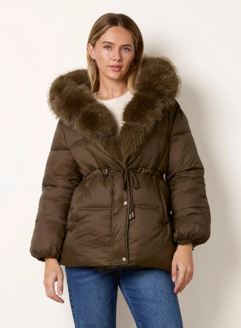 Blue Vanilla  Drawcord Waist Faux Fur Hooded Coat for Women | Best Price UAE