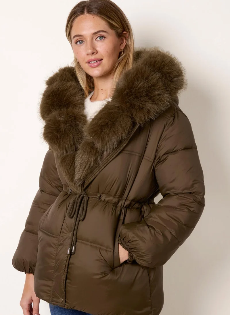 Drawcord Waist Faux Fur Hooded Coat
