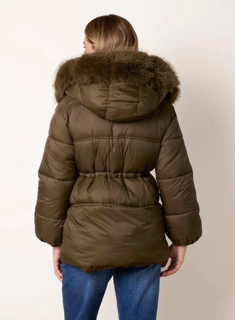 Blue Vanilla  Drawcord Waist Faux Fur Hooded Coat for Women | Best Price UAE